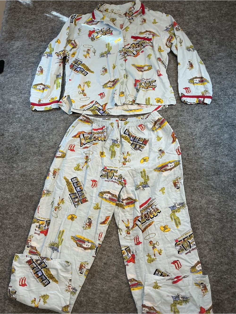 Cinema Etoile Y2K Flannel Rom Com White Western Print Pajama Set with Red Trim